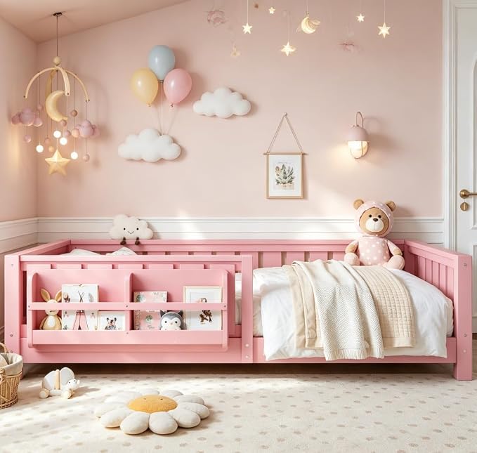 Bellemave Twin Size Floor Bed with high Rails and with Built-in Bookshelf for Kids, Girls, Boys, Wood Montessori Floor Bed Without Door, Pink