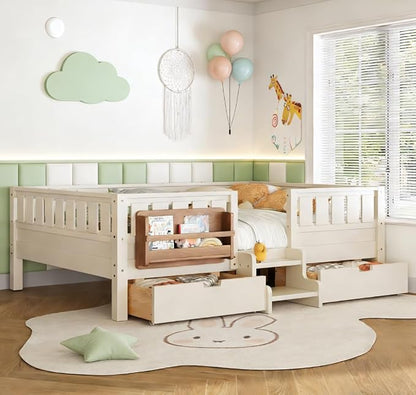Bellemave Queen Size Kids Bed with high Rails and with Built-in Bookshelf and Drawers for Kids, Girls, Boys, Wood Montessori Bed Without Door, Beige