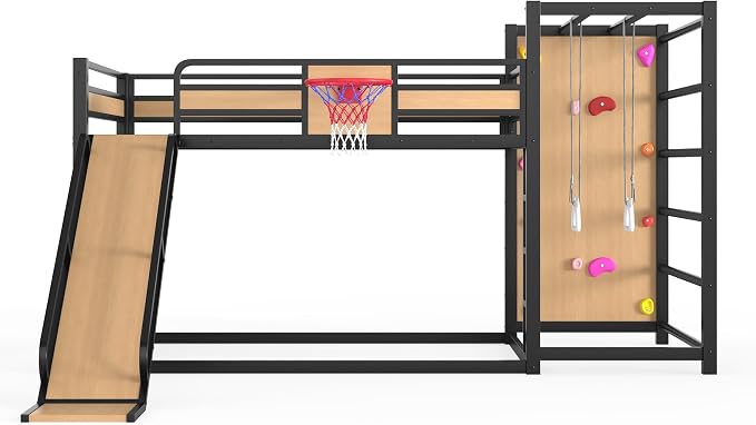 Harper & Bright Designs Full Size Metal Bunk Bed with Slide & Built-in Bookshelve & Basketball Hoop & Climbing Wall for Bedroom, Yellow+Black
