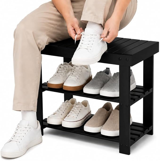 Shoe Rack Bench, 3-Tier Shoe Storage Organizer for Entryway , Shoe Shelf for Small Spaces, Multi-Functional Side Table Plant Stand, Shoe Stand for Bedroom, Living Room, Closet, Front Door, Black