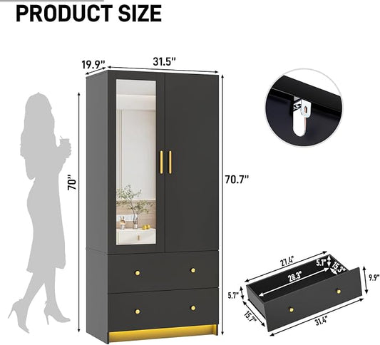 jiteentarou 2 Door Wardrobe Closet with Mirrors and LED Lights, Small Bedroom Armoire with Drawers, Modern Wooden Armoire Wardrobe Closet with Hanging Rod for Bedroom, Black