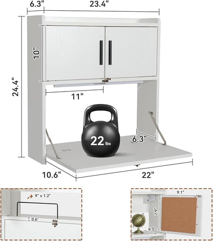 ARTETHYS Wall Mounted Desk Folding with Light Drop Down Hanging Desk | Multifunctional Fold Down Laptop Computer Table, Writing Workstation with Storage Compartments, Space Saving for Home Office