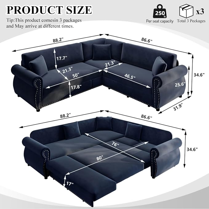 88.2" Sectional Sleeper Sofa with Pull Out Bed - Oversize L-Shaped Convertible Sleeper Couch Bed, Button Tufted Chesterfield Sofa, Chenille Vintage Couches for Living Room/Apartment(4-Seater, Blue)