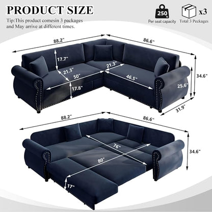 88.2" Sectional Sleeper Sofa with Pull Out Bed - Oversize L-Shaped Convertible Sleeper Couch Bed, Button Tufted Chesterfield Sofa, Chenille Vintage Couches for Living Room/Apartment(4-Seater, Blue)