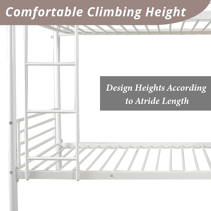 Karl home Metal Bunk Bed Twin Over Twin with Built-in Ladder, White | Heavy Duty Bunkbeds with Safety Guardrail and Space-Saving Design,Twin Bunk Beds for Kids, Teens & Adults, No Box Spring