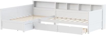 Bellemave L Shaped Corner Bed for 2 Kids, Double Twin Platform BedFrame with 3 Storage Drawers and Shelves, White