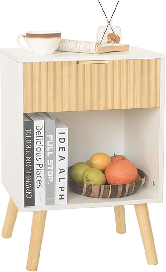 Fultyle Nightstand, Modern Bedside Table with Drawer and Open Shelf, Fluted Night Stand with Solid Wood Legs for Bedroom, Living Room, Office (White Oak)
