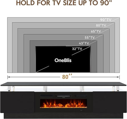 80" TV Stand for Living Room, Large Entertainment Center & Media Console, Fits TVs up to 90", Storage Cabinet with Shelves, 36" Electric Fireplace (All Black)