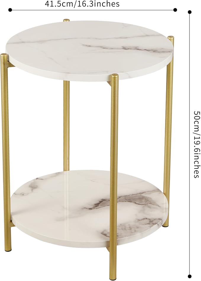 Gawicpy 2 Tier Round Side Table, Folding End Tables Coffee Table Simplistic Sofa Table Waterproof Removable Tray Table Indoor Outdoor Accent Table for Living Room Bedroom (Faux Marble White, 1pcs)