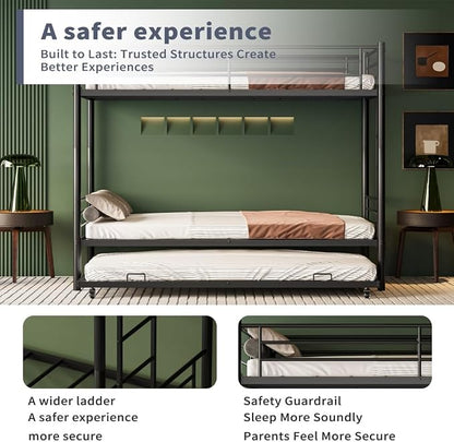 Metal Triple Bunk Bed, Twin Over Twins with Trundle, Heavy Duty Beds Frame with Ladder and Safety Rails for Small Bedroom, Space-Saving Noise Free (Black)