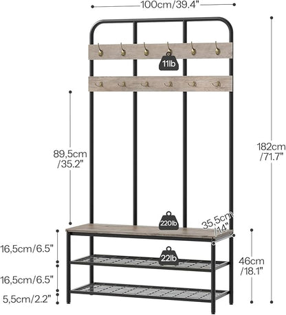 HOOBRO Hall Tree with Bench, Entryway Bench with Coat Rack, Mud Room Rack with 12 Double Hooks and Shoe Storage, Coat Tree, Shoe Organizer, for Foyer, Front Door, Greige and Black BG05MT01