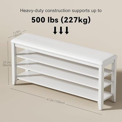 Shoe Rack Bench Entryway Storage with Leather Cushion, Shoe Organizer Bench for Entryway, Ideal for Front Doors Entrances Hallway Mudroom Featuring Rubberwood And 3 Height-Adjustable Removable Shelve