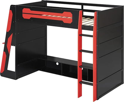 Merax Twin Size Loft Bed with Desk, Multi-Storage Shelves and RGB Light | Space-Saving Wooden Gaming Bed Frame with Charging Station and Guardrail