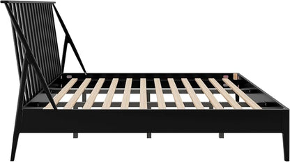 Merax King Size Solid Bamboo Wood Spindle Platform Bed with 46.5" Tall Headboard, Bohemian Bed Frame with Wooden Slats and Metal Support, Mid-Century Modern Style, No Box Spring Needed, Black