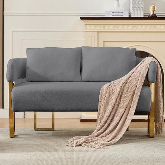 YISHENG Loveseat Sofa Modern Accent Chairs for Living Room with Golden Metal Legs Soft Teddy Upholstered Reading Armchairs no Wheels for Reception Room//Bedroom/Lounge/Office,Grey