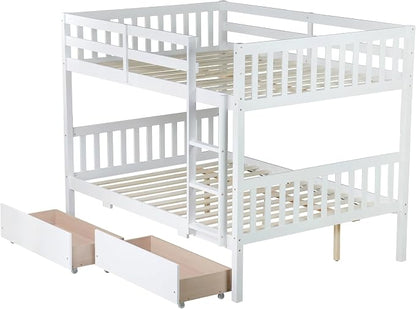 Harper & Bright Designs Full Over Full Bunk Bed with 2 Drawers, Convertible into 2 Beds, Bunk Bed with Ladder and Safety Guardrails, White