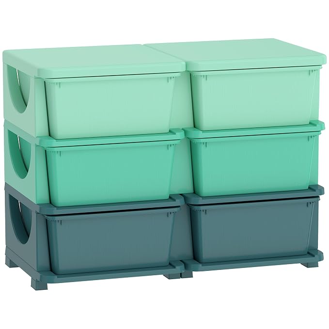 Qaba 6 Drawers Kids Storage Unit, 3 Tier Stackable Toy Organizers and Storage Chest for Bedroom, Nursery, Playroom, Living Room, Boys, Girls, Toddlers, Green