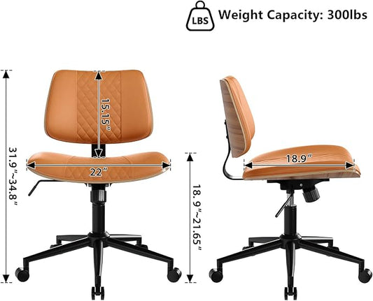 Modern Armless Office Chair with Wheels, Adjustable Swivel Desk Chair with Wide Seat and Tilt Function, Faux Leather Mid Century Task Chair for Home Office, Bedroom, Vanity, Brown