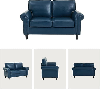Kingfun Loveseat 2 Seater Couch, Mid Century Modern Faux Leather Sofa with Rolled Arms and Deep Seats, Fluffy Comfort for Living Room, Apartment, Easy Assembly, Blue