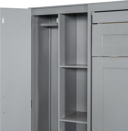 Merax Queen Size Murphy Bed Wall Bed with Shelves, Drawers and LED Lights,Gray