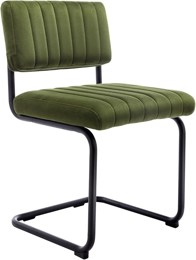 ONEVOG Mid Century Modern Dining Chairs Set of 2, Green Velvet Kitchen Chairs with Tufted Backs, Upholstered Wide Seat, Armless Cantilevered Chairs with Metal Legs for Kitchen Living Room