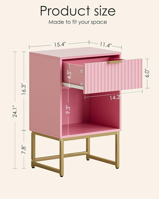 Masupu Fluted Nightstand, Modern Night Stand Wood Bedside Table with Storage Drawer Side End Table for Bedroom, Office, Pink