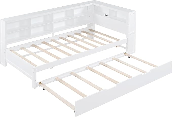 Bellemave Twin Corner Bed Frame with Trundle, Wood Twin Daybed with L-Shaped Bookcase，Daybed with Storage Cabinets, White