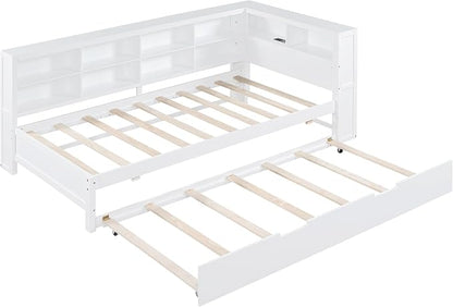 Bellemave Twin Corner Bed Frame with Trundle, Wood Twin Daybed with L-Shaped Bookcase，Daybed with Storage Cabinets, White