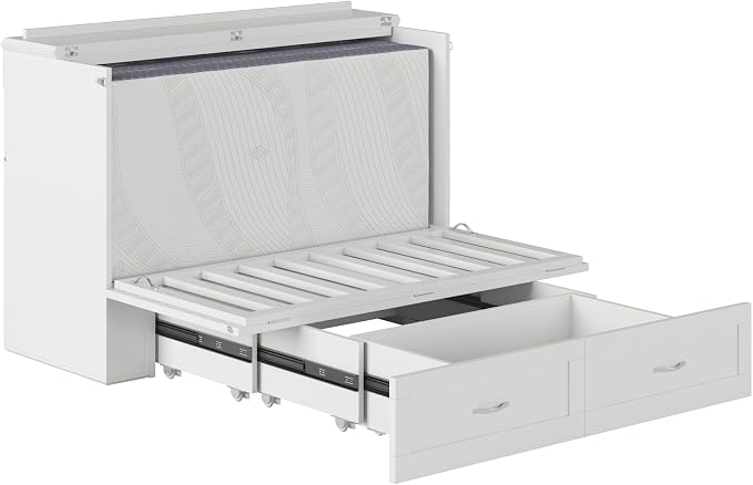 AFI Hamilton Full Murphy Bed Chest with Mattress, Storage, and Built-in Charger in White