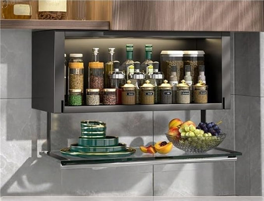 Modern Pull Down Cabinet Organizer Multifunctional Pantry Shelf with Transparent Glass Panel Space-Saving Kitchen Closet Storage,Ideal for Home