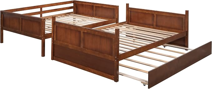 Merax Trundle Bunk Bed, Full Over Full Wood Bunk Bed with Twin Size Trundle, Guardrail and Ladder, Can be Separated into 2 Beds, Walnut