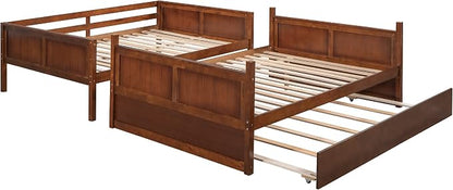 Merax Trundle Bunk Bed, Full Over Full Wood Bunk Bed with Twin Size Trundle, Guardrail and Ladder, Can be Separated into 2 Beds, Walnut