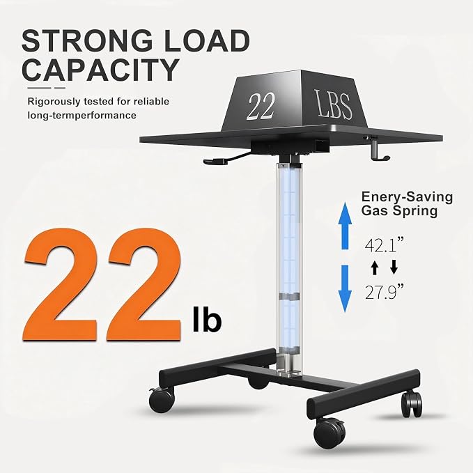 18.9 * 25.6 inch Mobile Standing Desk,T Shaped Pneumatic Adjustable Height Stand Up Desk,with Lockable Wheels,Ergonomic Standing Side Table for Home Office Work Computer Workstation Black+Gray