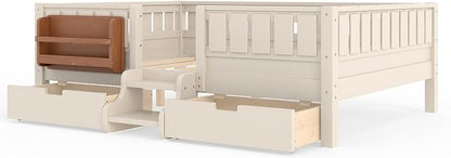 Bellemave Full Kids Montessori Bed with Stairs, Bookshelf and Drawers, Solid Wood Kids Bed Frame with Storage for Boys Girls, Low Profile,Beige