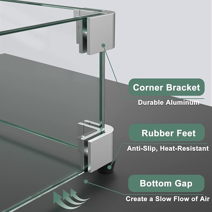 GASPRO 38.5 x 7.5 Inch Glass Wind Guard for Rectangular Fire Pit Table, Thick and Sturdy Tempered Glass Panel with Hard Aluminum Corner Bracket & Rubber Feet, Easy to Assemble