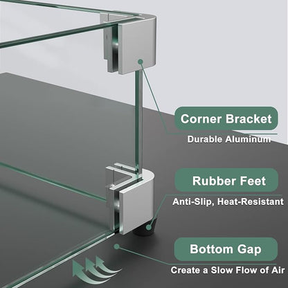 GASPRO 38.5 x 7.5 Inch Glass Wind Guard for Rectangular Fire Pit Table, Thick and Sturdy Tempered Glass Panel with Hard Aluminum Corner Bracket & Rubber Feet, Easy to Assemble