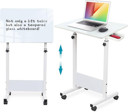 KOUPA Adjustable Height Standing Desk, 31 in Writable Tempered Glass Desktop with Eraser, 360° Flip, Wheels – Ideal for Small Spaces and Home Offices, White(Adjustable Height: 32-47 in)