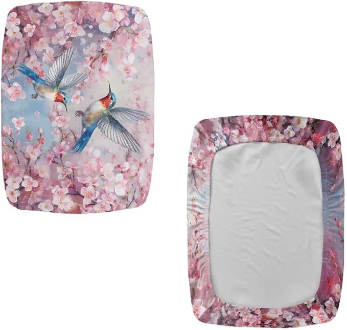 Vanity Stool Covers Bar Stool Covers Set of 2 Cherry Blossom Hummingbird Bar Stool Saddle Seat Covers Rectangle Bench Seat Protector Barstool Covers with Elastic Bands for 14-20 inch Stool