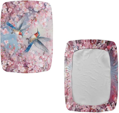 Vanity Stool Covers Bar Stool Covers Set of 2 Cherry Blossom Hummingbird Bar Stool Saddle Seat Covers Rectangle Bench Seat Protector Barstool Covers with Elastic Bands for 14-20 inch Stool