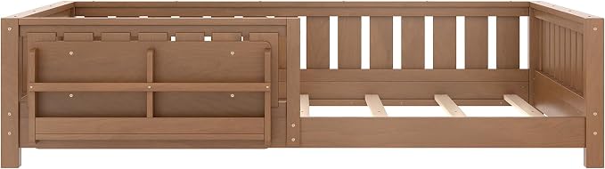 Bellemave Queen Size Floor Bed with high Rails and with Built-in Bookshelf for Kids, Girls, Boys, Wood Montessori Floor Bed Without Door, Natural