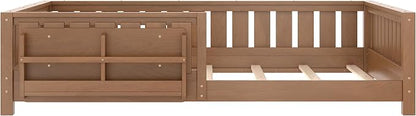 Bellemave Queen Size Floor Bed with high Rails and with Built-in Bookshelf for Kids, Girls, Boys, Wood Montessori Floor Bed Without Door, Natural