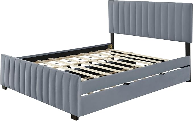 Ball & Cast Queen Bed Frame with Twin XL Size Trundle,Velvet Upholstered Platform Bed Frame Queen Size with Channel Tufted Headboard,Wood Slats Support,No Box Spring Needed,Easy Assembly,Gray