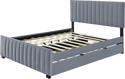 Ball & Cast Queen Bed Frame with Twin XL Size Trundle,Velvet Upholstered Platform Bed Frame Queen Size with Channel Tufted Headboard,Wood Slats Support,No Box Spring Needed,Easy Assembly,Gray