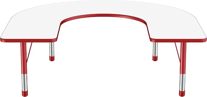 FDP Dry-Erase Horseshoe Activity School and Classroom Kids Table (60 x 66 inch), Chunky Toddler Legs for Collaborative Spaces, Adjustable Height 15-24 inches - Whiteboard Top, Red Edge and Legs