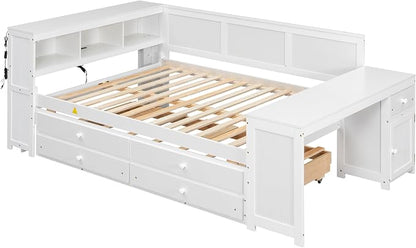 Bellemave Full Corner Bed Frame, Full Size Captain beds with Storage Cabinets and Desk, Wood Daybed with Bookcase Trundle and Drawers, White