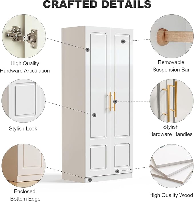 Double Door White Armoire with Hanging Rod – 71" H x 31" W x 19" D, Modern Freestanding Wardrobe Closet for Bedroom, Sturdy Metal Handles