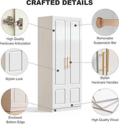 Double Door White Armoire with Hanging Rod – 71" H x 31" W x 19" D, Modern Freestanding Wardrobe Closet for Bedroom, Sturdy Metal Handles