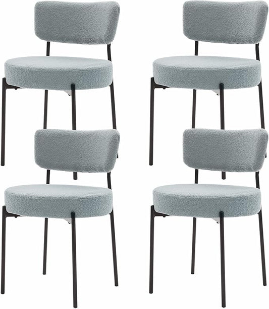 Boucle Dining Chairs Set of 4, Grey Mid Century Modern Kitchen Dining Room Chairs with Curved Backrest and Metal Frame, Round Upholstered Dining Chairs for Kitchen, Living Room
