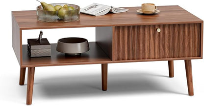 LCRBOL Coffee Table with Fluted Drawer, Mid-Century, Walnut | 39.3"W x 19.7"D x 17.1"H, 1 fluted drawer & open shelf, golden handle, 5 legs, ~45 min assembly