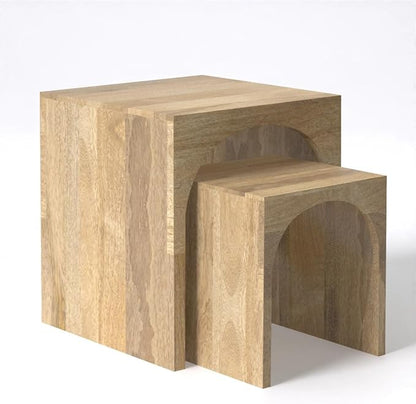 Relso Arch Duo Solid Mango Wood Nesting Tables for Living Room Set of 2 | Stylish Sustainable Design Nesting Side Tables | Unique Arched Cutouts Nesting Stools | Mid Century Nesting Tables